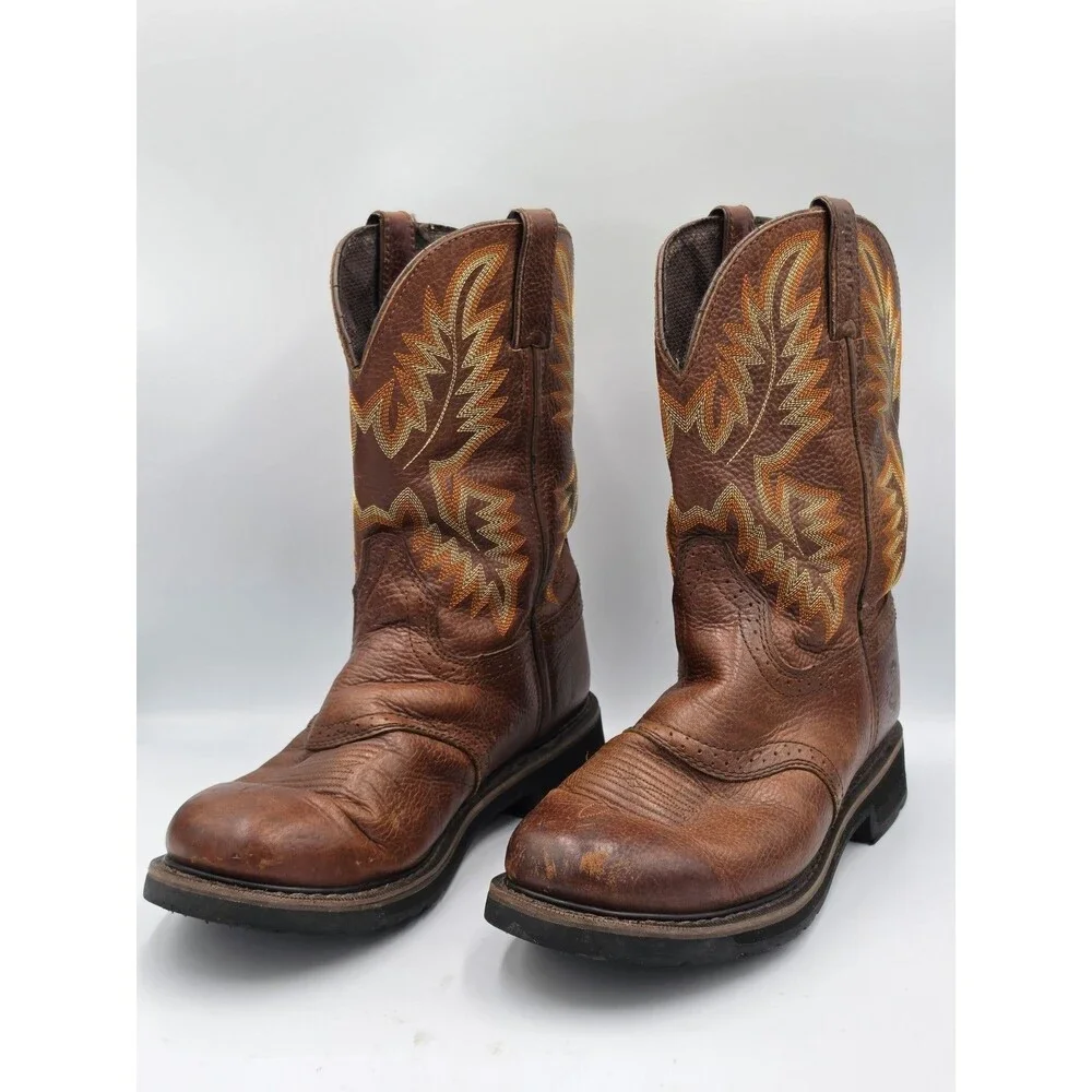 Justin Stampede Pull On Western Work Boot Round Toe Mens Size 10EE Brown Leather